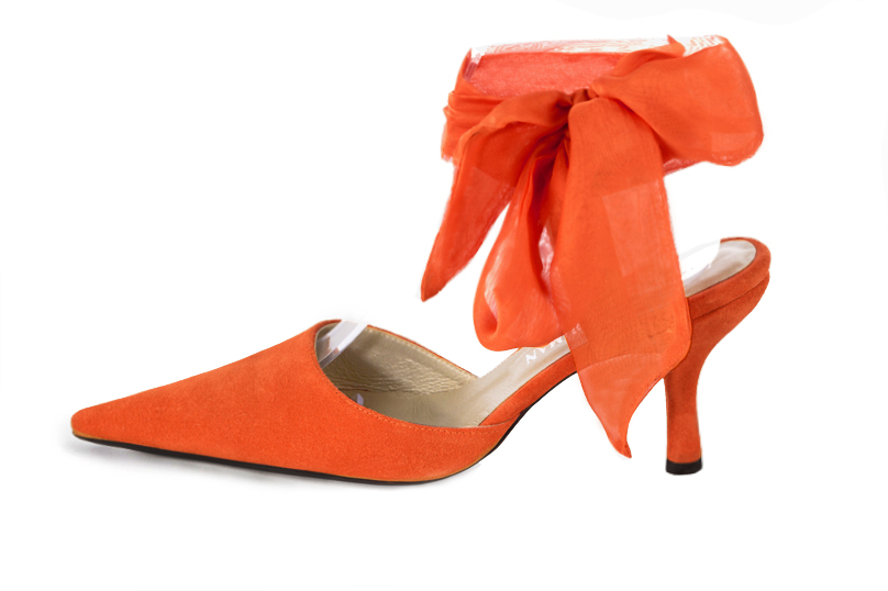 Clementine orange women's open back shoes, with an ankle scarf. Pointed toe. High slim heel. Profile view - Florence KOOIJMAN